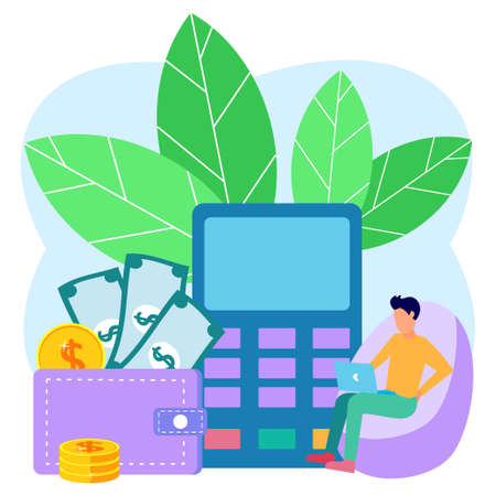 Vector illustration, investment management, entrepreneur earning business income and investing cash profits, career growth towards success, flat color icons, business analysis.のイラスト素材