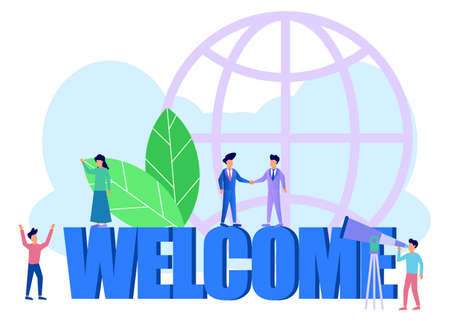 Vector illustration of the concept of meeting, staying in touch, people standing around the word greeting and the sign of greeting, happy.のイラスト素材