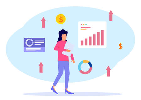 Business vector illustration, businessperson observing infographics, evolution scale analysis. Business growth to success.のイラスト素材