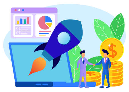 Vector illustration of a business concept. Rapid business growth. Rocket icon taking off, successful teamwork in startup vector.のイラスト素材