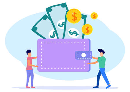2 Business men hold large wallets with cash and credit cards. The concept of budget, finance and income. Home savings and investment. Modern vector illustration.のイラスト素材