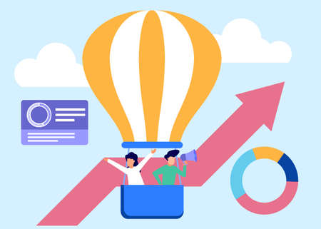 Vector illustration of a business concept. Profits increase. Sales growth concept. career to success. Business people build businesses from scratch.のイラスト素材
