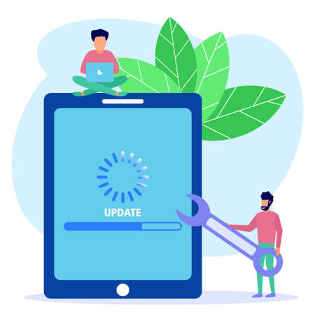 Modern style vector illustration. Repair System Update Change New Version. Install update process with person characters. Suitable for web landing pages, ui, mobile apps, banner templates.のイラスト素材