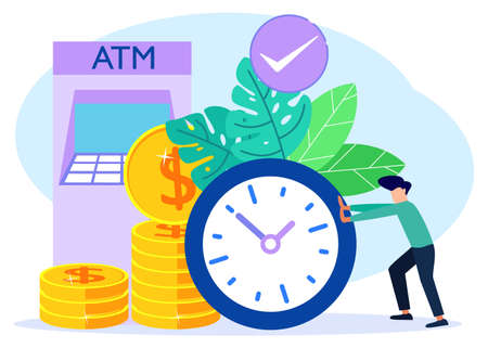 Time is money concept vector illustration. Cartoon flat tiny man character with clock, coins and plant.のイラスト素材