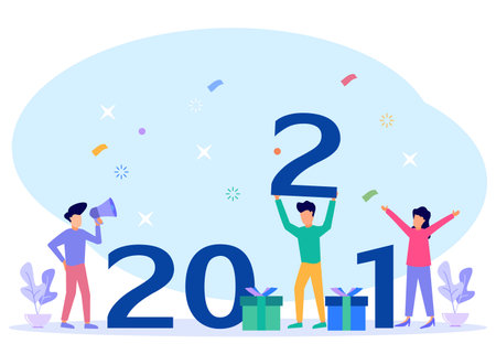 Flat style vector illustration. Happy New Year 2021 concept, greeting card with the character of happy people, Suitable for web landing pages, ui, mobile apps, banner templates.のイラスト素材