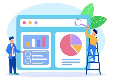 Flat isometric vector illustration isolated on white background. 2 people who are part of the team working together on seo. Can be used for web banners, infographics, hero images.のイラスト素材