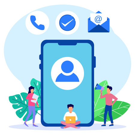 Flat style vector illustration. Contact person on communication device. Contact us, landing page. Concept designs can be used for websites, landing pages, UI, mobile apps, posters, banners.のイラスト素材