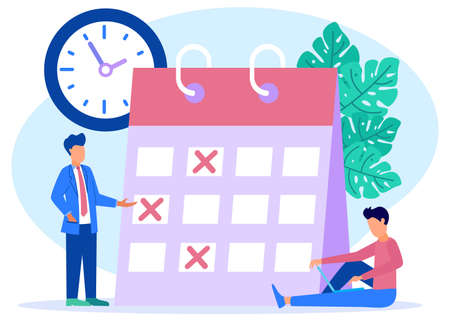 Modern vector illustration. Entrepreneurs with formal settings make online schedules on tablets. business task scheduling graphic design for this week.のイラスト素材