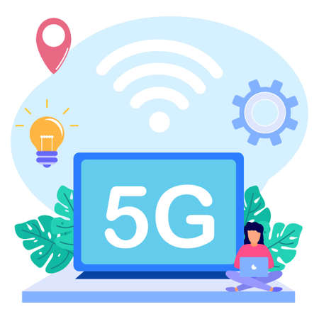 Vector illustration of 5G Network Cellular Wireless Business Business concept, character of a person with a laptop. Suitable for web landing pages, ui, mobile apps, banner templates.のイラスト素材