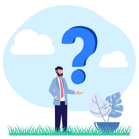 Vector illustration, character of person in formal suit, illustration of question and answer concept around exclamation point and question mark, answers to metaphorical questions.のイラスト素材