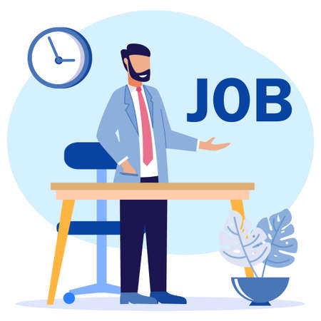 Business concept vector illustration, good looking guy company boss, providing job search, good idea, recruitment, work group, freelance, web graphic design.のイラスト素材