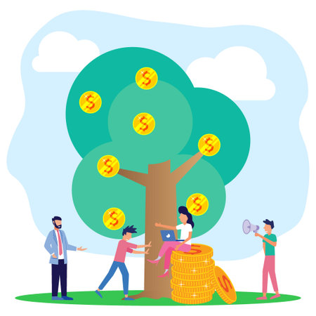 Vector illustration of a business concept, business people gathered under a tree bearing coins. rapid economic growth, team work, successful business.のイラスト素材
