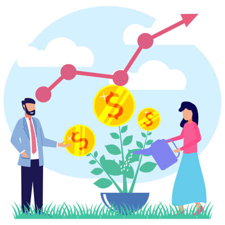Creative illustration of business graphic vector, business woman watering coin fruit crops, career growth to success, flat color icon, business analysis, cash gain and investment.のイラスト素材
