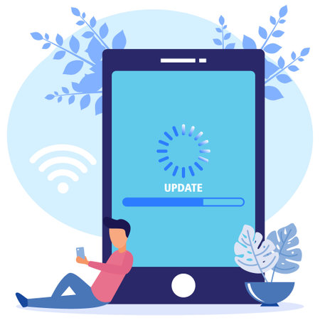 Flat style vector illustration. Fix System Update Change New Version. Install the update process with the character of a person. Suitable for web landing pages, ui, mobile apps, banner templates.のイラスト素材