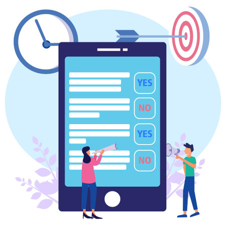 Modern style vector illustration. Online survey, online voting, online survey technology concept with people and laptop with checklist. Yes No list. For web banners, prints, infographics.のイラスト素材