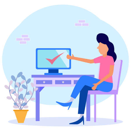 Modern vector illustration. Happy businesswomen complete tasks and win by pointing at the computer. Job well done and successful. Completed task.のイラスト素材