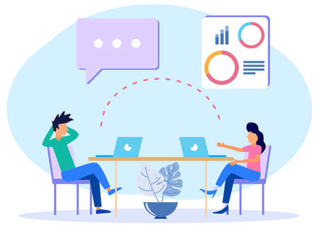 A beautiful interior office with 2 creative business people sitting at the table. Business teams work together at large desks using laptops, sending data. Flat design style vector illustration.のイラスト素材
