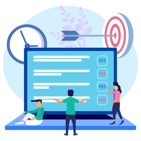 Modern style vector illustration. Online survey, online voting, online survey technology concept with people and laptop with checklist. Yes No list. For web banners, prints, infographics.のイラスト素材