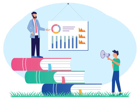 A business guide stands on a pile of books. Character of people Looking for information, ideas, consulting, education, business and lifestyle. Modern vector illustration.のイラスト素材