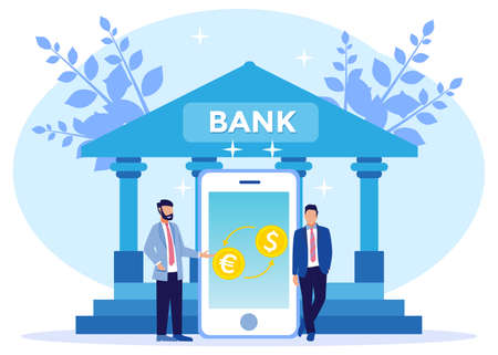 Vector illustration of modern business concept style. Currency exchange, online money transactions, stock trading icon set. Open banking platform, stock market metaphor.のイラスト素材