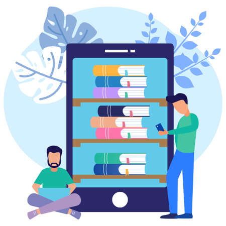 Vector illustration of an educational concept. the character of the person around the pile of books inside the smartphone. Practical online book library.のイラスト素材