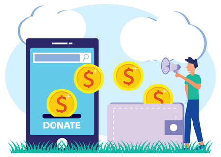 Flat isometric vector illustration. Donation and charity concept. People raise funds to donate online.のイラスト素材