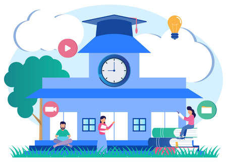 Flat Isometric Vector Illustration. Students Study Online at University or College. Character of People Learn Together with Smartphones, Laptops and Books. Distance Education Technology Concept.のイラスト素材