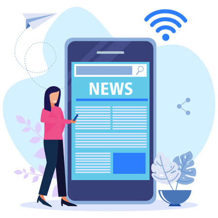 Modern style vector illustration. Flat design concept of reading news via smartphone, character of people with online newspapers. suitable for websites, landing pages, mobile apps, posters and bannersのイラスト素材