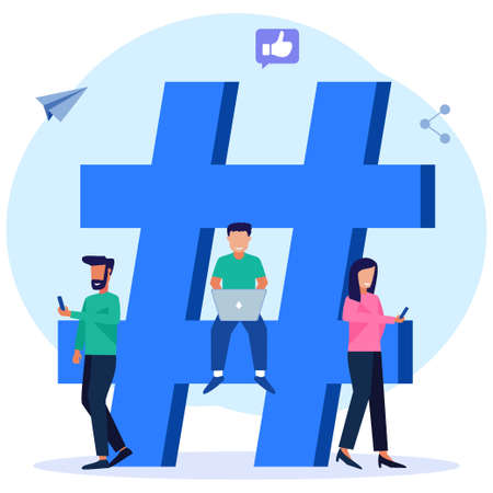 Vector illustration, cellphone with hashtag sign, people and social networks.のイラスト素材