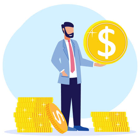 Vector illustration of a business concept, successful businessman standing beside a pile of coins. fast economic growth, employment, successful business.のイラスト素材