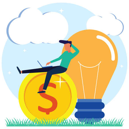 Vector illustration, entrepreneur and creative concept ideas about the key to success, light bulbs and symbols, looking for new creative thinking, investing and investing money in ideas.のイラスト素材