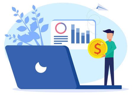 Vector illustration of a businessman building a business on the internet. mobile screen with a website. Successful entrepreneurs, online business promotion, ranking take off from work.のイラスト素材