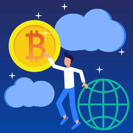 Modern style vector illustration. Bitcoin digital business concept for web pages, banners, presentations, social media. Investments for bitcoin and blockchain. mining, currency, server room.のイラスト素材