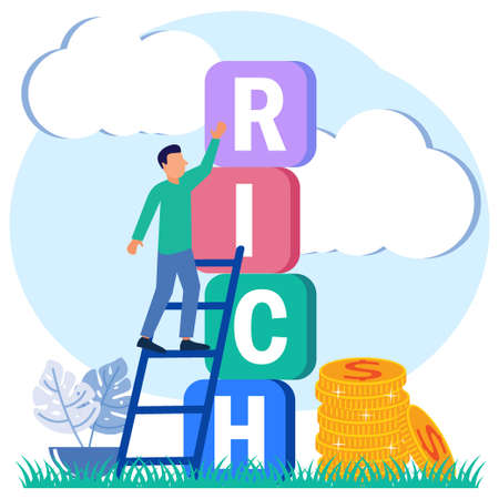 Trendy style vector illustration. Successful businessman. Stack coins and coins next to the puzzle building. Costs and funding, achieving wealth.のイラスト素材