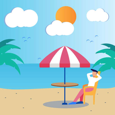 Flat style vector illustration, summer time vacation concept. Men sit and relax on a tropical beach enjoying the beauty.のイラスト素材