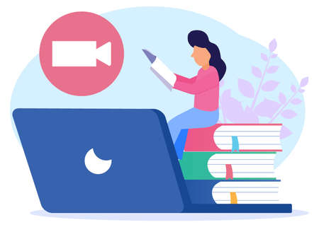 The young woman is studying at home with his laptop with a pile of books and a PC in the background. E-learning, webinars, online video training, distance education concepts. Modern vector illustration.のイラスト素材