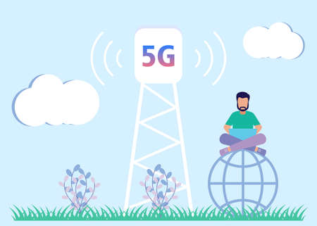 5g Technology Concept Vector Illustration. Character of People Under Transmission Towers Using High Speed ââCellular Internet, City dwellers are Using New Generation Networks for Communications and Gadgets.のイラスト素材
