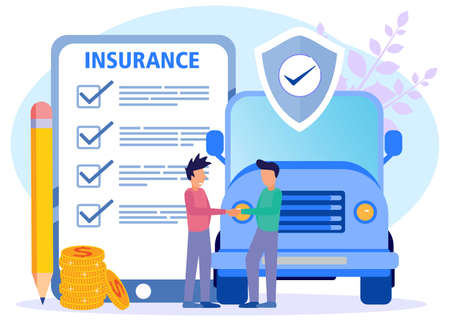 Flat isometric vector illustration isolated on white background. Car insurance concept with text place. Secure property and objects.のイラスト素材