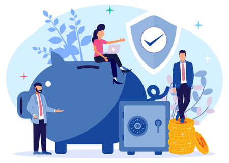 Modern style vector illustration, money protection business concept, safe business economy, financial savings insurance. For web pages, banners, presentations, social media, documents, cards, posters.のイラスト素材