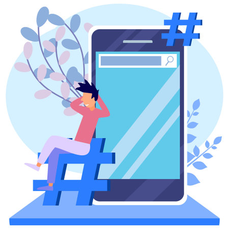 Vector illustration, cellphone with hashtag sign, people and social networks.のイラスト素材