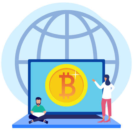 Modern style vector illustration. Bitcoin digital business concept for web pages, banners, presentations, social media. Investments for bitcoin and blockchain. mining, currency, server room.のイラスト素材