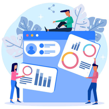 Modern style vector illustration, database statistical analysis by work team, business concept. Suitable for landing pages, banners and web design.のイラスト素材