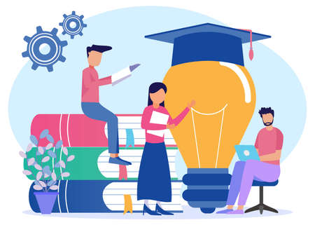 Modern style vector illustration. students are studying at home with laptops and books. E-learning, webinars, online video training, distance education concepts.のイラスト素材