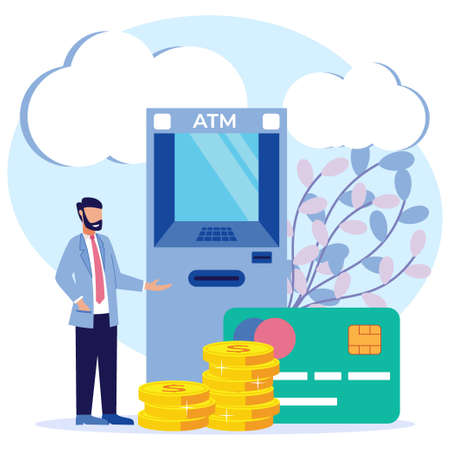 Vector illustration of modern business concept style. The character of the person makes money withdrawals at ATMs, manages investments in cards. Cash withdrawal from ATMs.のイラスト素材
