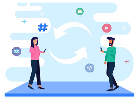 Flat isometric vector illustration isolated on white background. The concept of social media with the characters of people arranging various icons on the cellphone screen.のイラスト素材