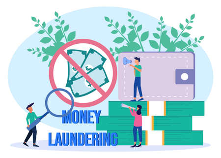 Flat style vector illustration. The character of the people campaign against money laundering, end corruption, collusion and illegal business. Suitable for web landing pages, ui, mobile apps, banner templates.のイラスト素材