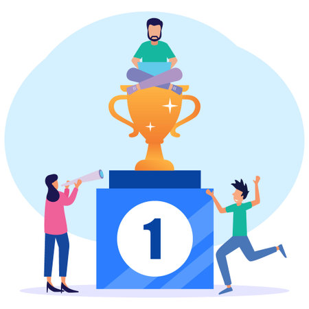 A young businessman sits on a winner's cup with gold trophies and confetti all around. Modern vector illustration.のイラスト素材