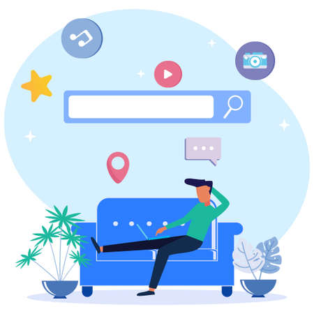 Modern style vector illustration, concept of communication via Internet, social networks, chat, videos, news, messages, websites, find friends, mobile web graphics.のイラスト素材
