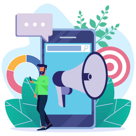 Flat isometric vector illustration isolated on white background. Digital marketing concept of characters of people with smartphones. Can be used for web banners, infographics, hero images.のイラスト素材