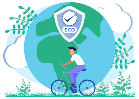 Eco friendly vector illustration. Men cycling clean environment concept. Bio-sustainable food, power or transportation to save the planet or reduce global warming. Natural health protection lifestyleのイラスト素材
